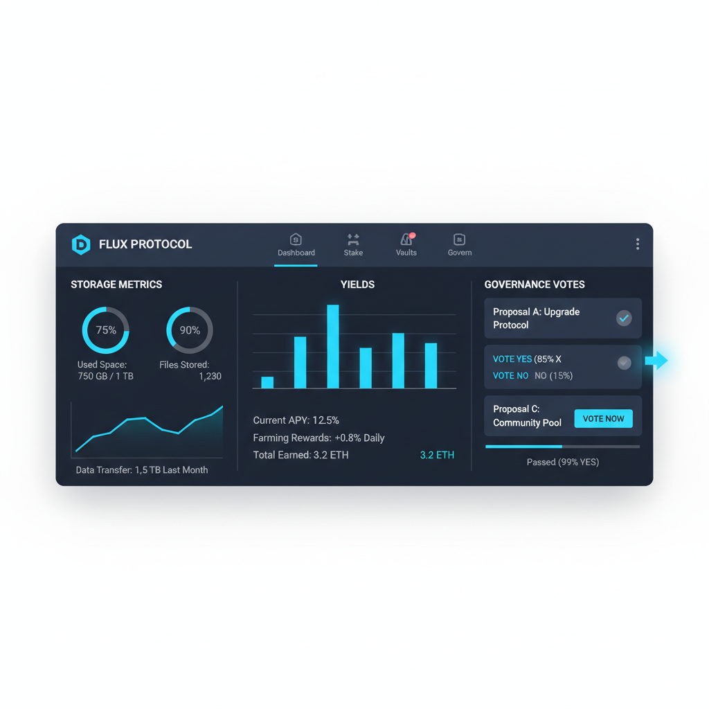 sleek dApp dashboard showing yields, storage metrics, and governance votes, modern UI dark mode