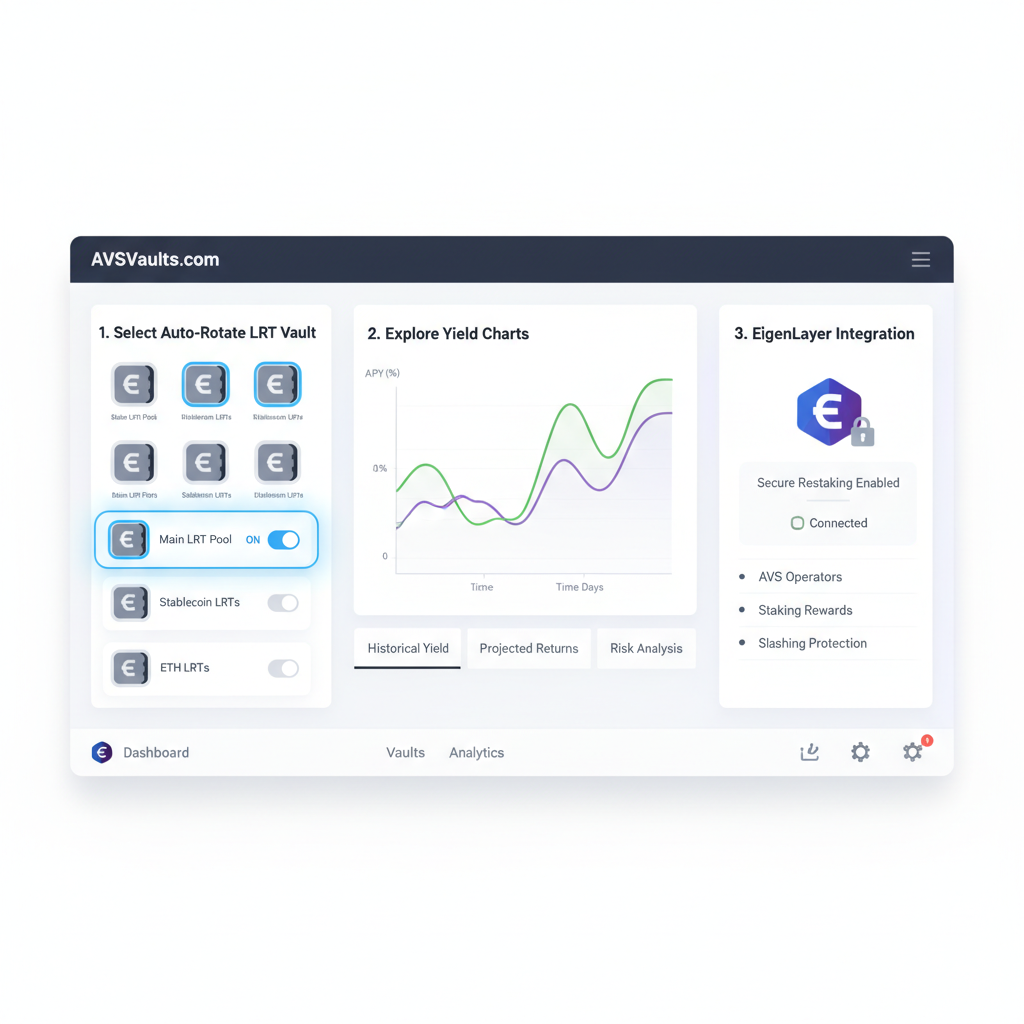 AVSVaults.com interface highlighting auto-rotate LRT vault selection, yield charts and EigenLayer integration
