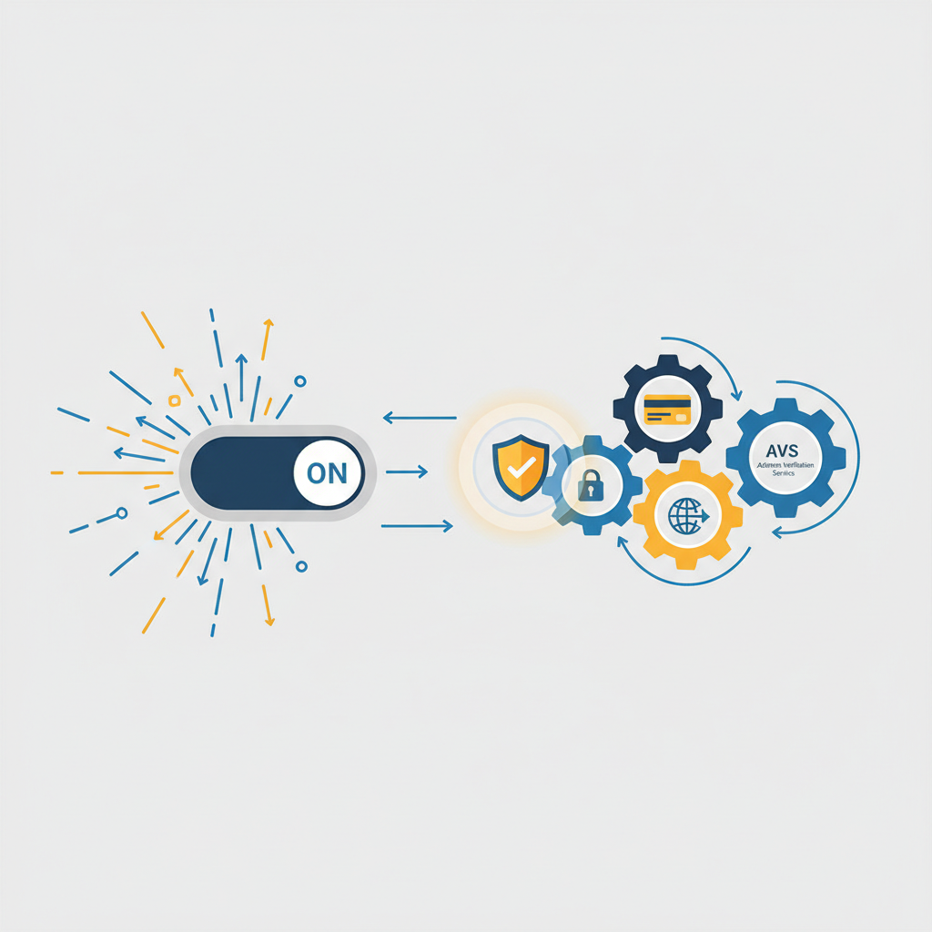 toggle switch activating, rotating gears with AVS icons, dynamic energy burst