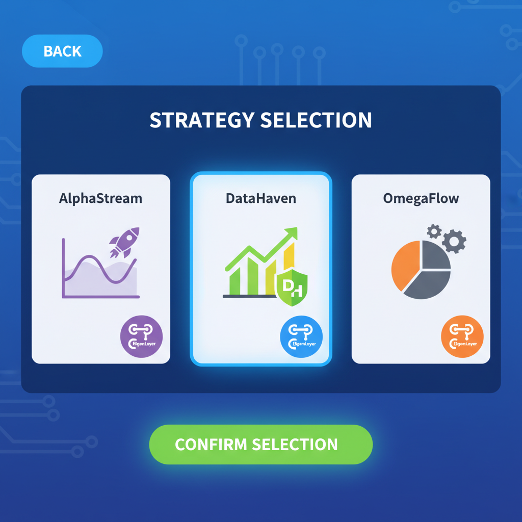 strategy selection screen with DataHaven highlighted, charts and EigenLayer icons, vibrant digital interface