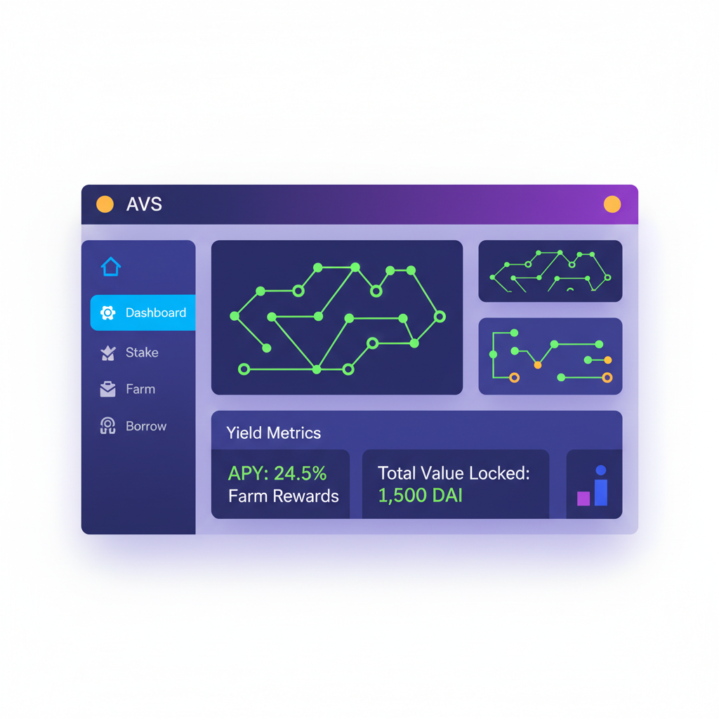 vibrant DeFi dashboard, AVS graphs, yield metrics glowing green