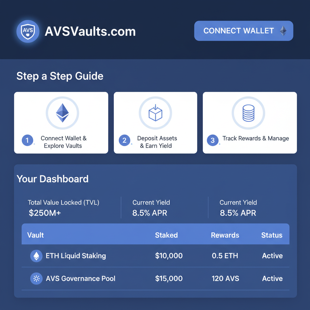 clean DeFi dashboard on AVSVaults.com with wallet connect button, Ethereum theme, blue tones